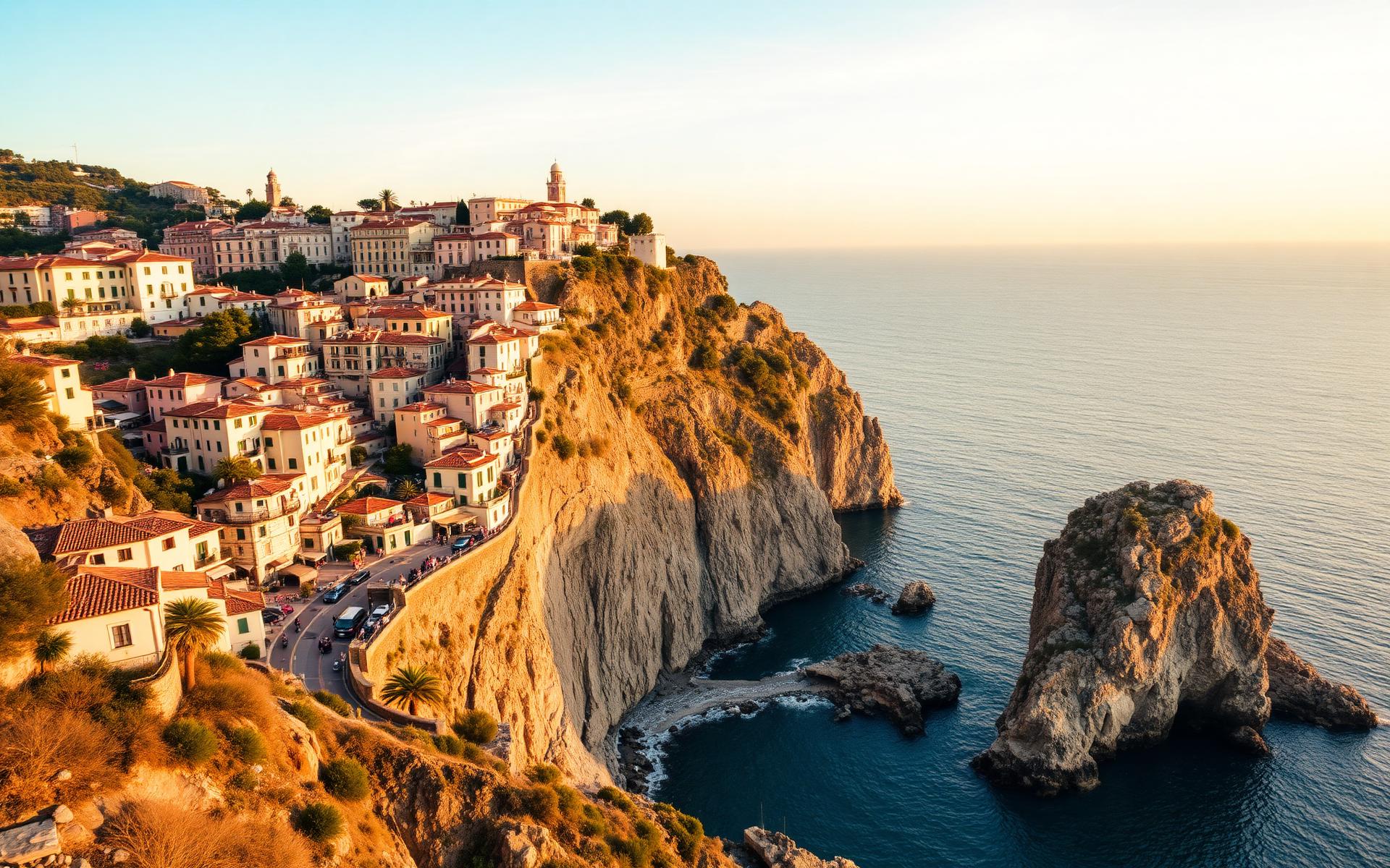 Cliffside coastal village at golden hour